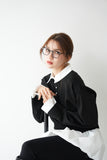 裾バルーンドッキングニットトップス BLACK