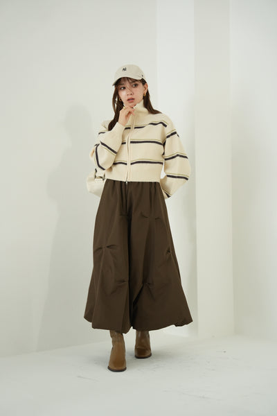 【SET】ボーダーダブルジップブルゾン（IVORY）×タックデザインスカート（BROWN）