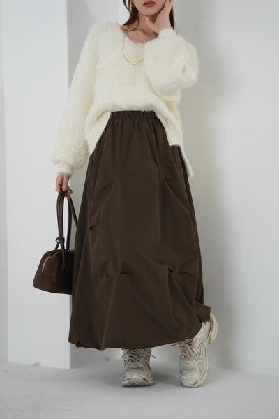 【SET】フェザーニットトップス（IVORY）×タックデザインスカート（BROWN）