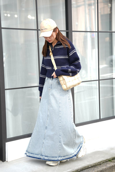 【SET】ボーダーダブルジップブルゾン（NAVY）×切りっぱなしDENIMロングスカート（NAVY）