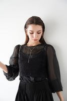 シアーブラウス×シャギービスチェセット　BLACK