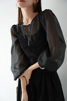 シアーブラウス×シャギービスチェセット　BLACK