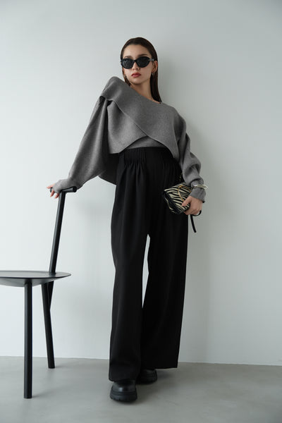 【SET】レイヤードニットセット（GRAY）×ピンタックワイドパンツ（BLACK）