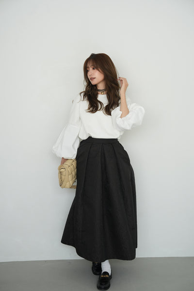 【SET】袖バルーンドッキングトップス（WHITE）×ジャガードスカート（BROWN）