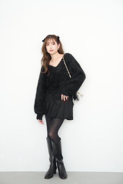 【SET】フェザーニットトップス（BLACK）×ヘザーツイルプリーツミニスカート（BLACK）