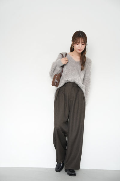 【SET】フェザーニットトップス（GRAY）×ツイルパイピングカーブパンツ　（BROWN）