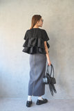 【SET】ドッキングフリルTシャツ（BLACK）×フロントZIPニットスカート（チャコール）