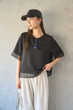 シアーミックスブラウスTシャツ（BLACK）×ピンタックワイドパンツ（IVORY）