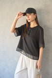 シアーミックスブラウスTシャツ（BLACK）×ピンタックワイドパンツ（IVORY）