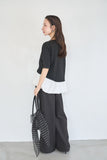 ドッキングバルーン半袖トップス（BLACK）×ピンタックワイドパンツ（BLACK）