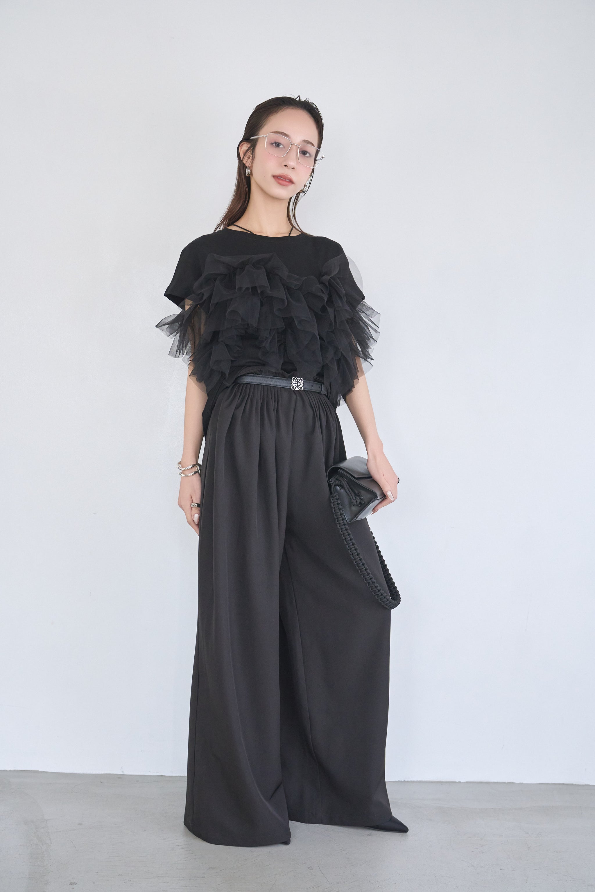 SET】3WAYフリルTシャツ（BLACK）×ピンタックワイドパンツ（BLACK