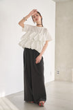 【SET】ドッキングフリルTシャツ（WHITE）×ピンタックワイドパンツ（BLACK）