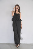 リネンスラブシャーリングオールインワン　BLACK