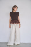 ペプラムバルーンドッキングニットトップス　BROWN