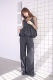 フロッキードットプリントタックパンツ　BLACK
