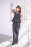 フロッキードットプリントタックパンツ　BLACK