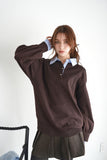 シャツ衿ポロニットTOPS　BROWN