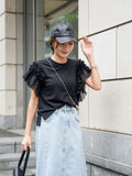 袖アシメフリルTシャツ　BLACK