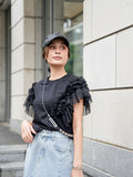 袖アシメフリルTシャツ　BLACK
