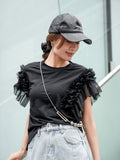 袖アシメフリルTシャツ　BLACK