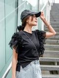 袖アシメフリルTシャツ　BLACK