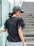 袖アシメフリルTシャツ　BLACK