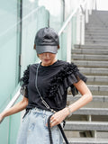 袖アシメフリルTシャツ　BLACK
