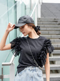 袖アシメフリルTシャツ　BLACK