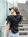 袖アシメフリルTシャツ　BLACK