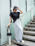 袖アシメフリルTシャツ　BLACK