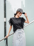 袖アシメフリルTシャツ　BLACK