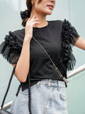 袖アシメフリルTシャツ　BLACK