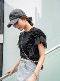 袖アシメフリルTシャツ　BLACK
