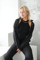 レース袖ラインブルゾン　BLACK
