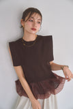 ペプラムバルーンドッキングニットトップス　BROWN
