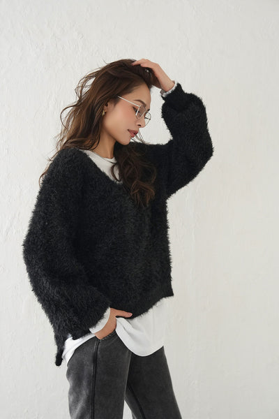 【大人気】フェザーニットトップス　BLACK