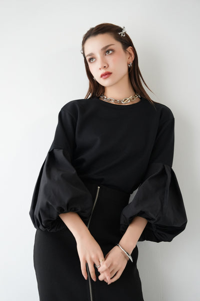 袖バルーンドッキングニットトップス　BLACK