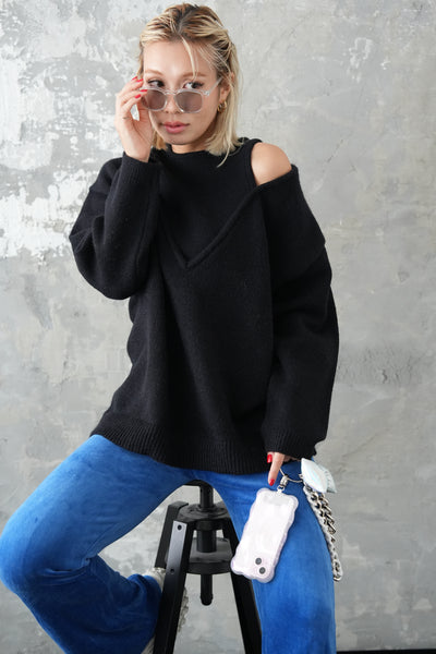 レイヤードVネックプルオーバー　BLACK