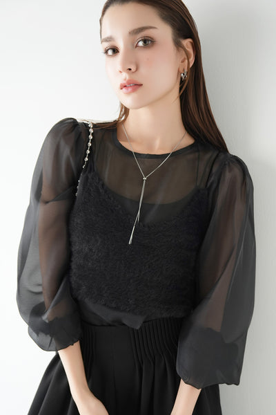シアーブラウス×シャギービスチェセット　BLACK
