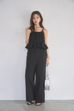 リネンスラブシャーリングオールインワン　BLACK