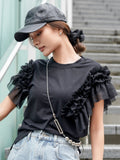袖アシメフリルTシャツ　BLACK