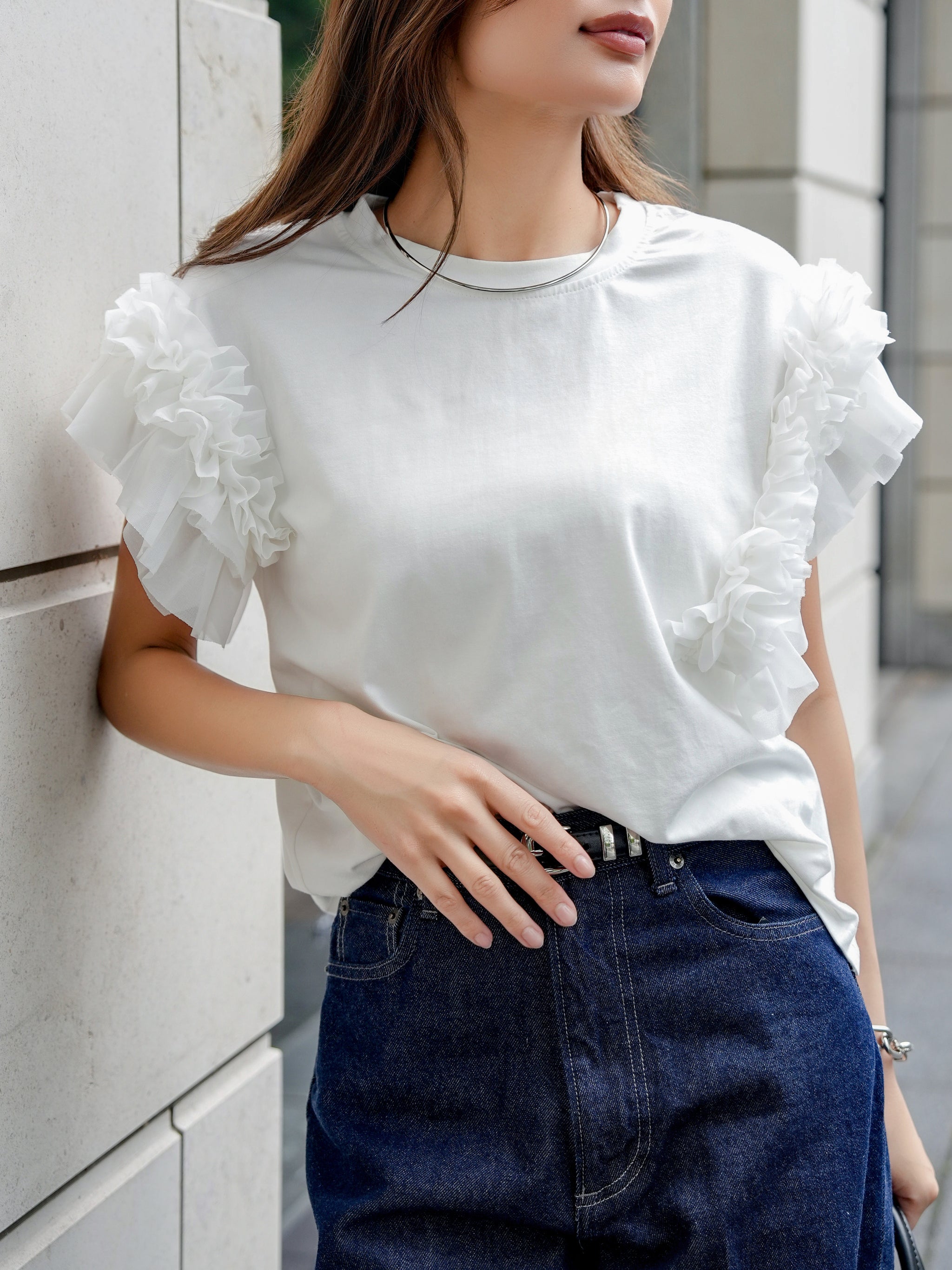 ホワイト フリル袖 Tシャツ セットアップ 袖アシメフリルTシャツ WHITE – ODORATA official