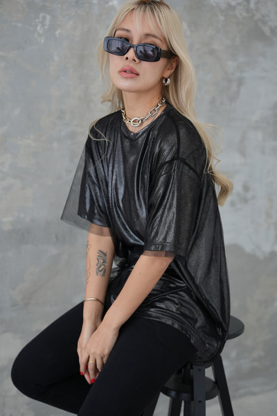 ラメメッシュレイヤードTシャツ　Black