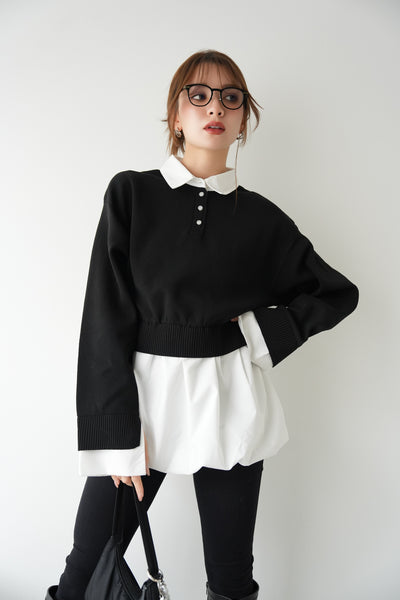 裾バルーンドッキングニットトップス　BLACK