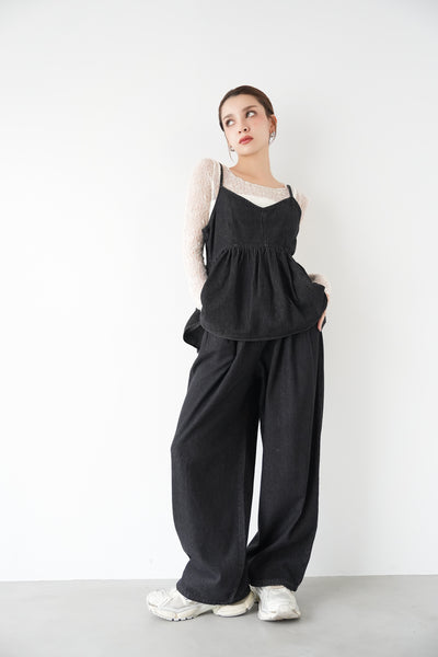 デニムタックワイドパンツ　BLACK