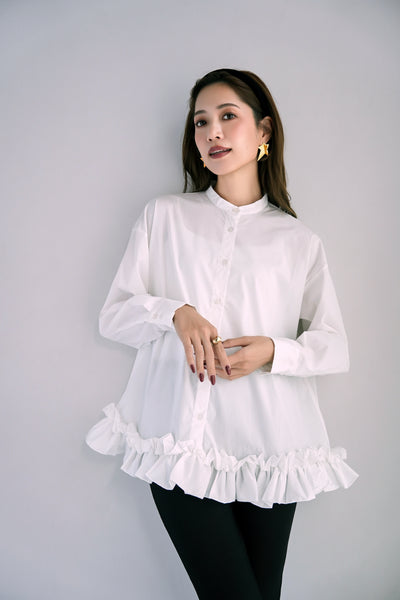 ブロード裾フリルブラウス　WHITE