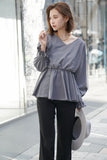 Vネックボリュームスリーブブラウス Gray